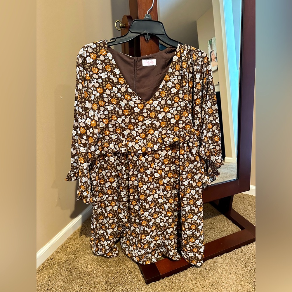 Pink lily 	What A Time Brown Floral and Paisley Printed Mini Dress